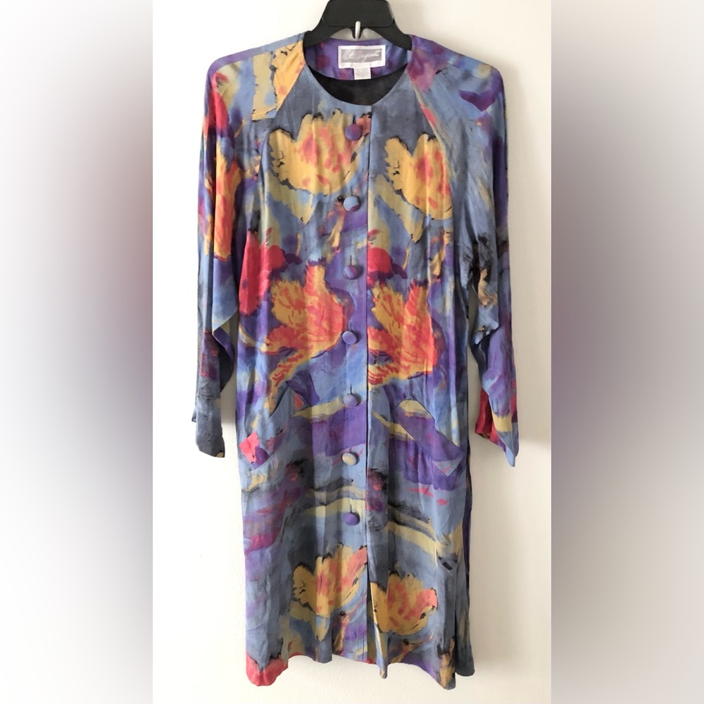 Vintage Pat Argenti Watercolor Rayon Button Up Midi Dress Vacation Old Money